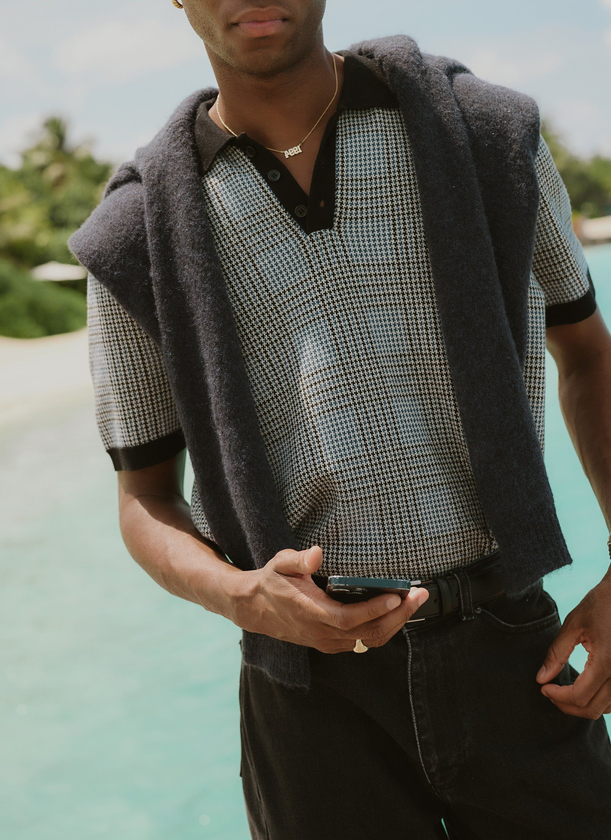 Casa Martini Knitted Polo | Puppytooth Cotton | Navy