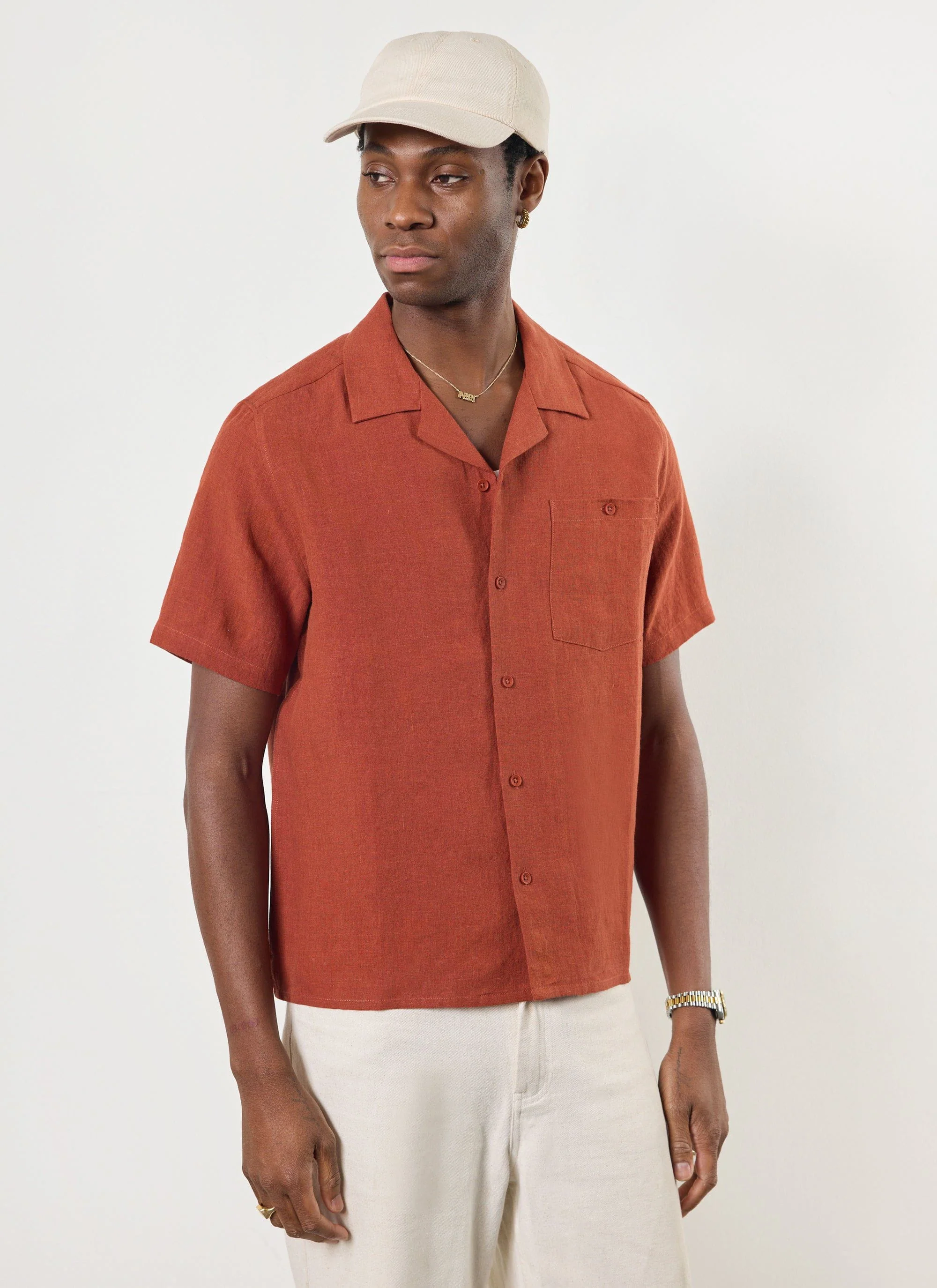 5599-short-sleeve-cuban-shirt-linen-rust-1.webp Short Sleeve Cuban Shirt | Linen | Rust