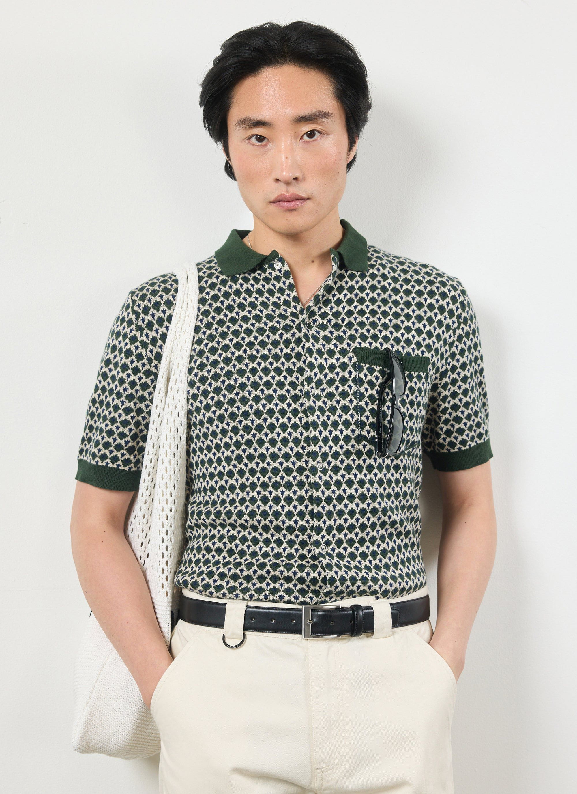 Casa Piccante Shirt | Knitted Cotton | Green Jacquard