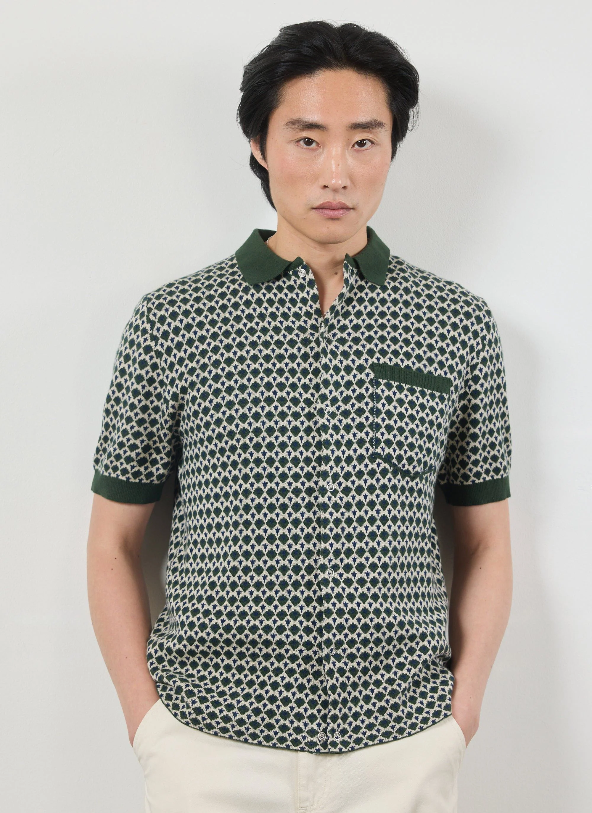 Casa Piccante Shirt | Knitted Cotton | Green Jacquard