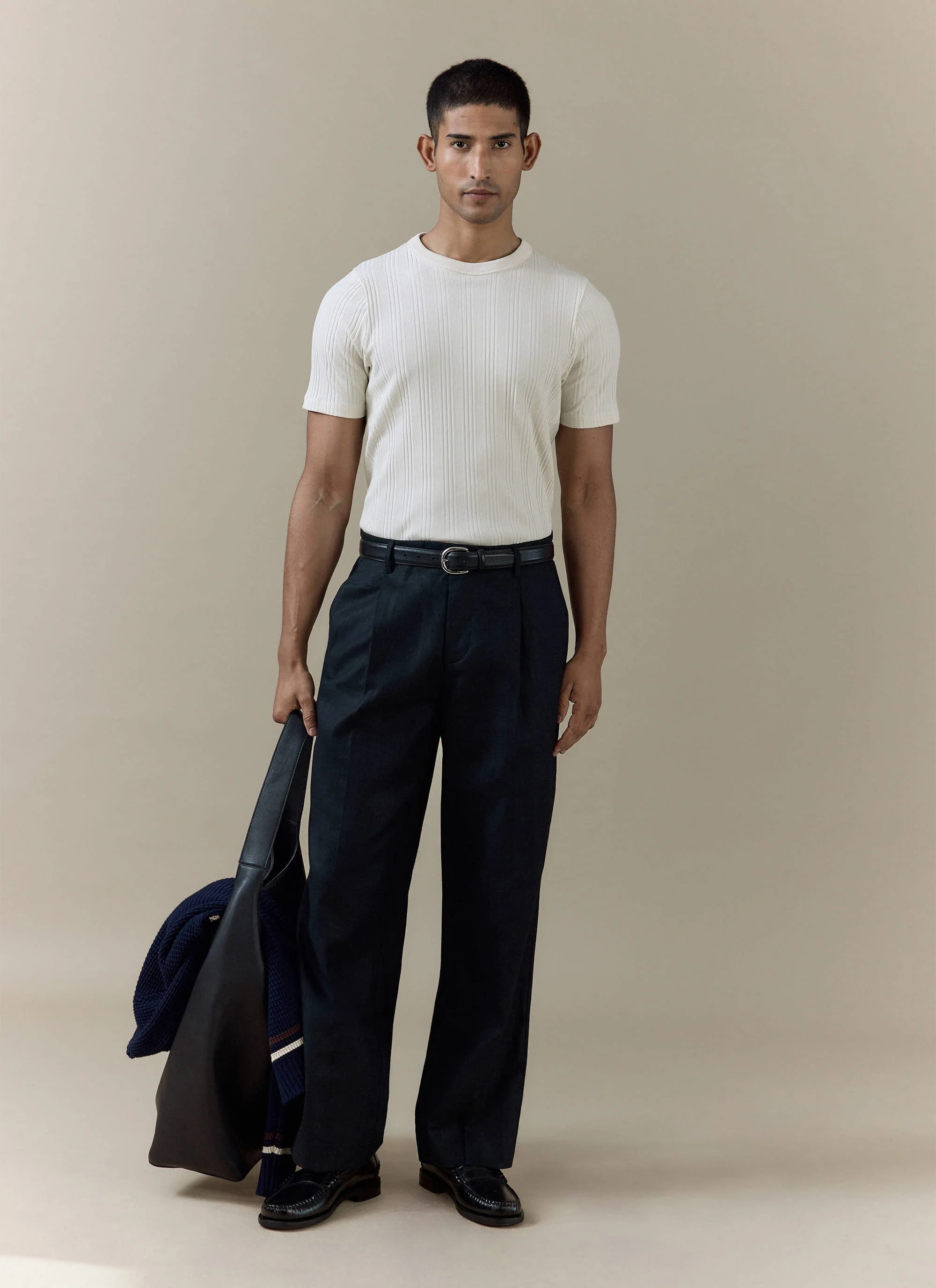 Leon Slim Ribbed T Shirt | Cotton | Cream