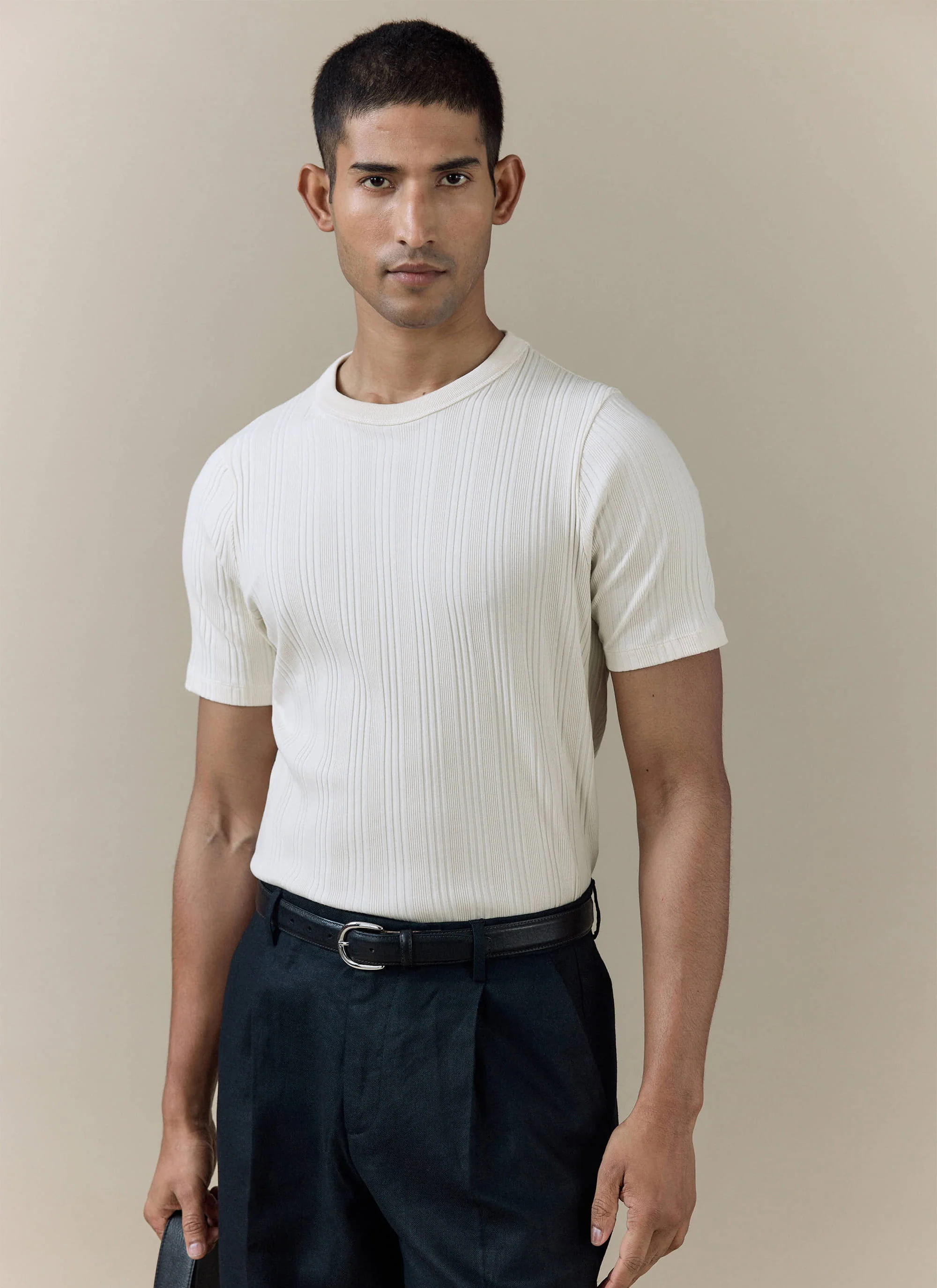 Leon Slim Ribbed T Shirt | Cotton | Cream
