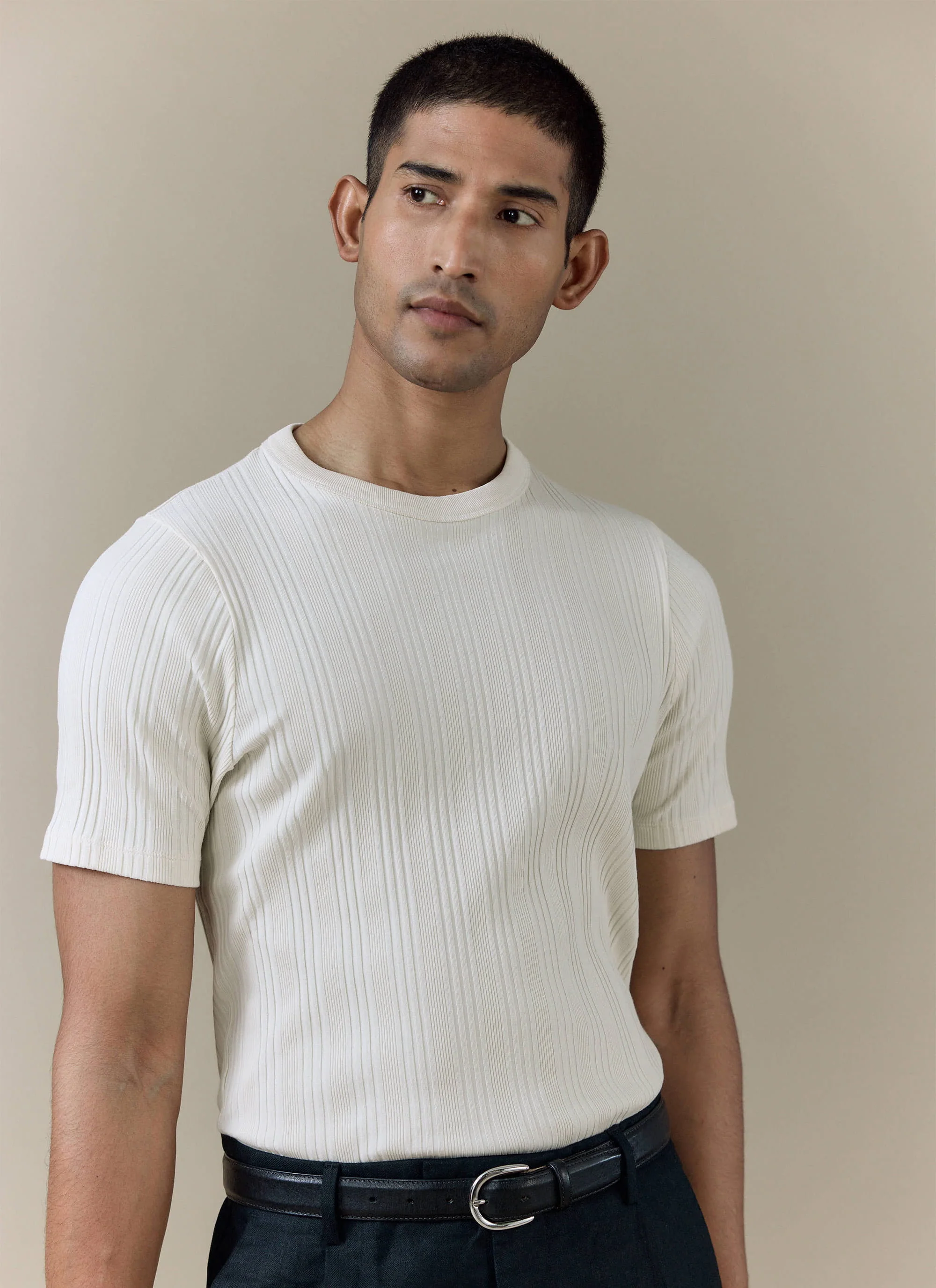 Leon Slim Ribbed T Shirt | Cotton | Cream