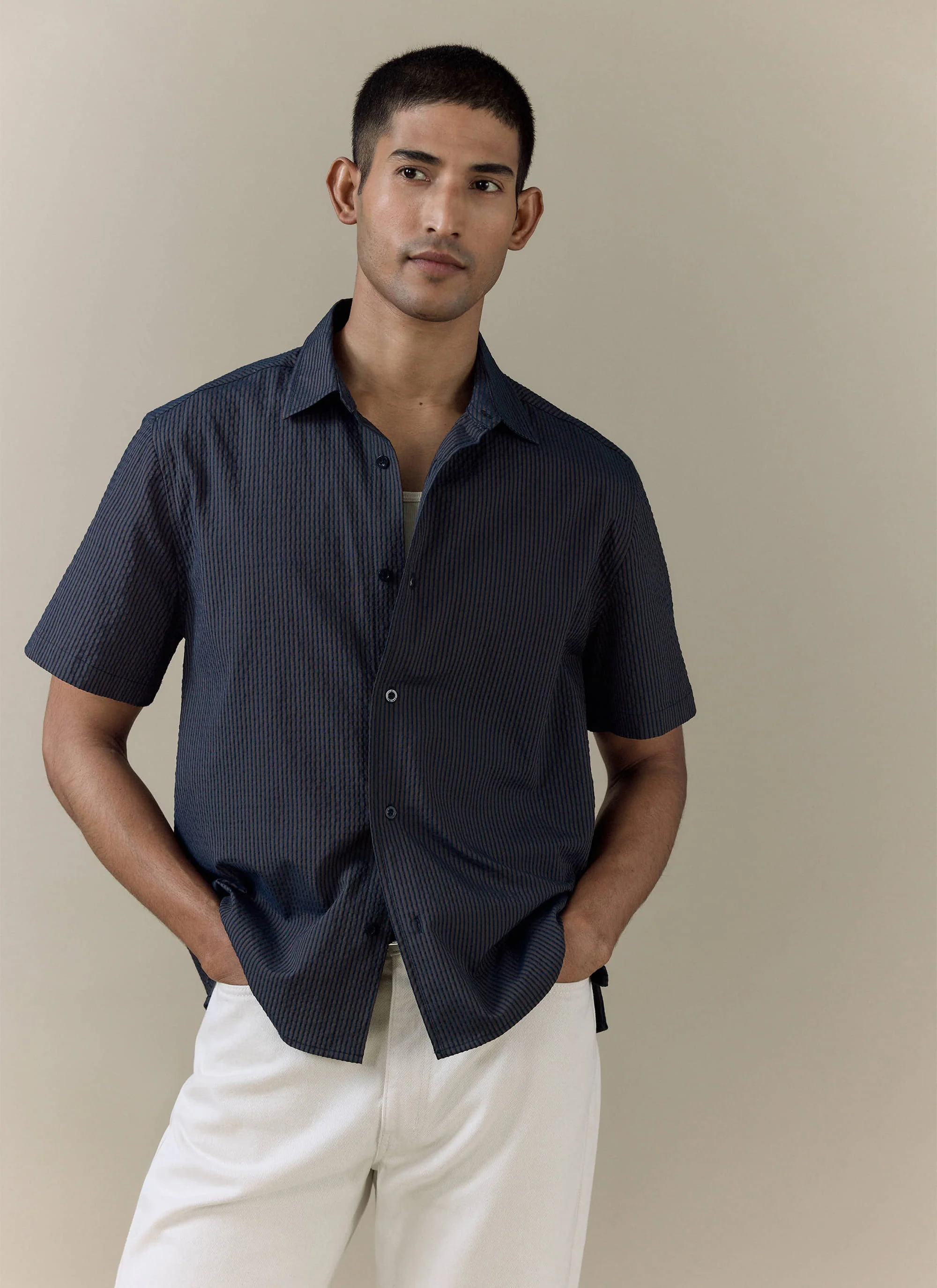 Rowan Seersucker Boxy Shirt | Cotton | Navy Stripe