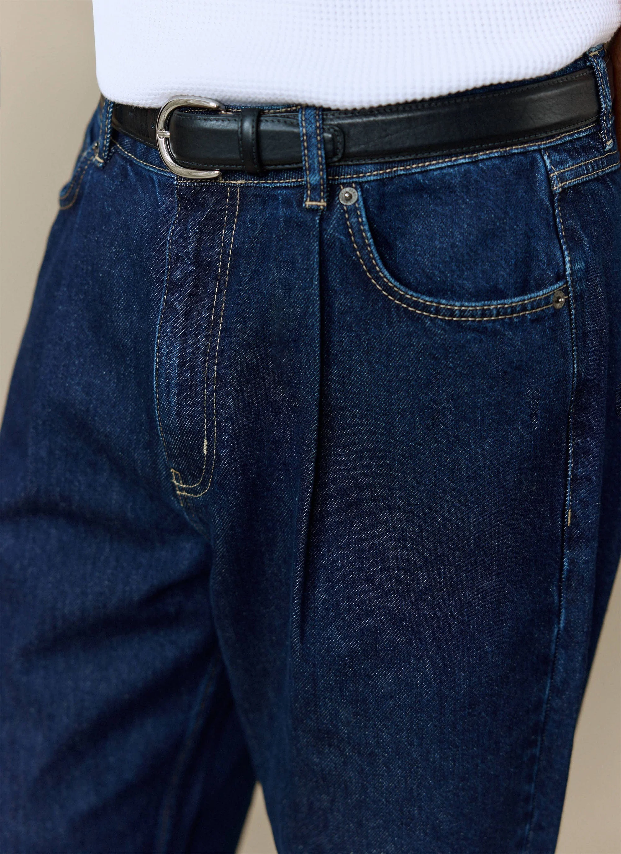 Pleated Denim Jeans | Cotton | Dark Indigo Blue