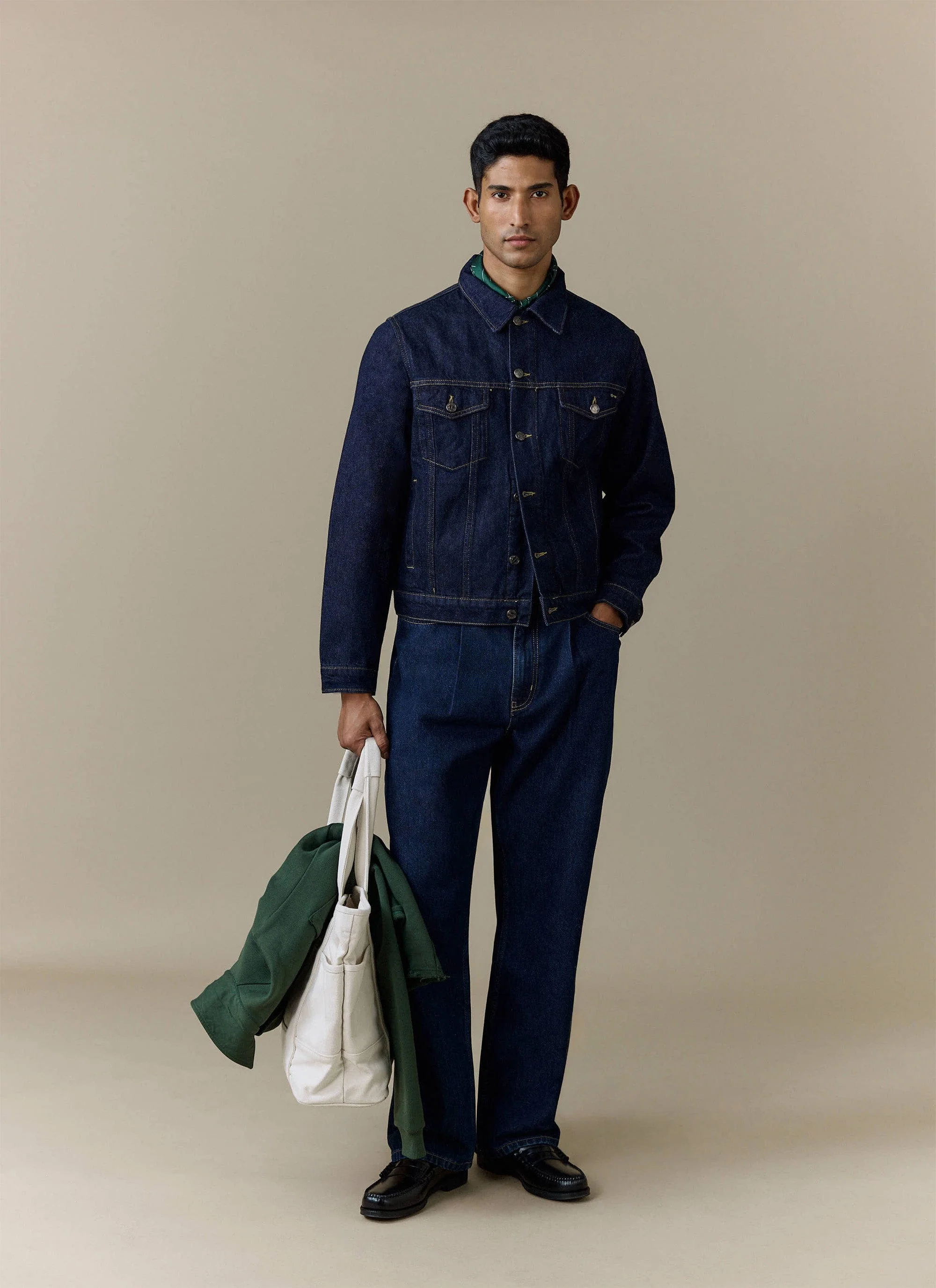 Pleated Denim Jeans | Cotton | Dark Indigo Blue