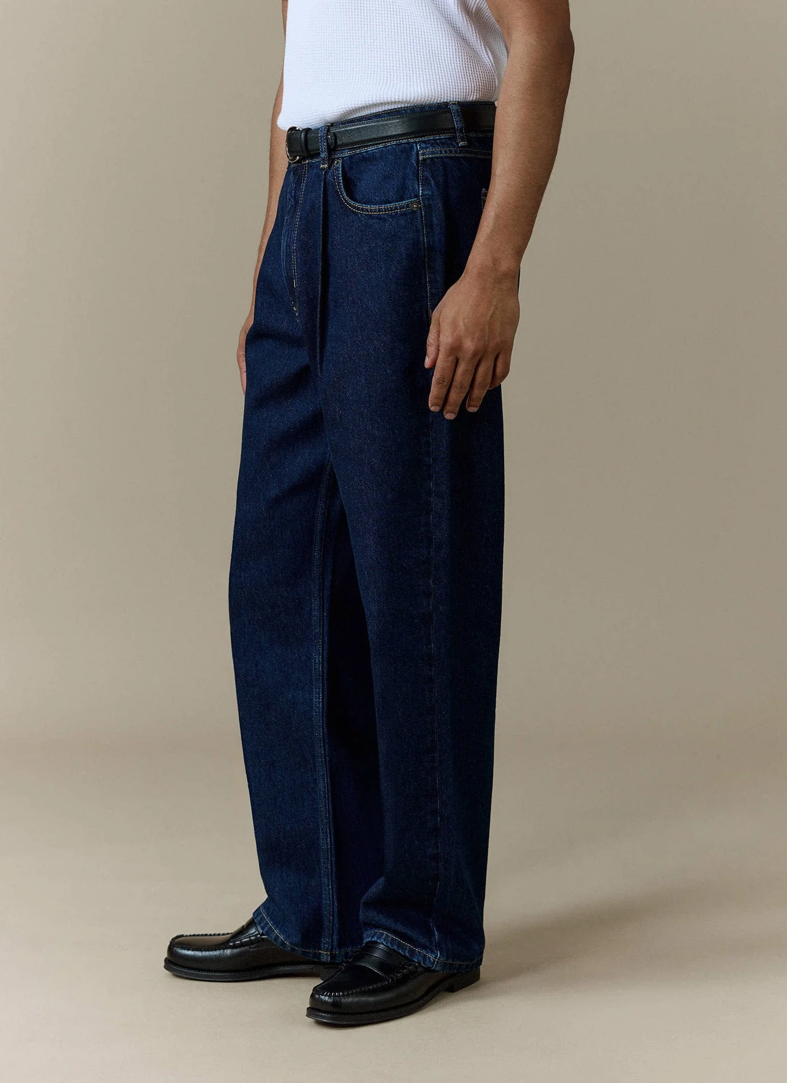 Pleated Denim Jeans | Cotton | Dark Indigo Blue