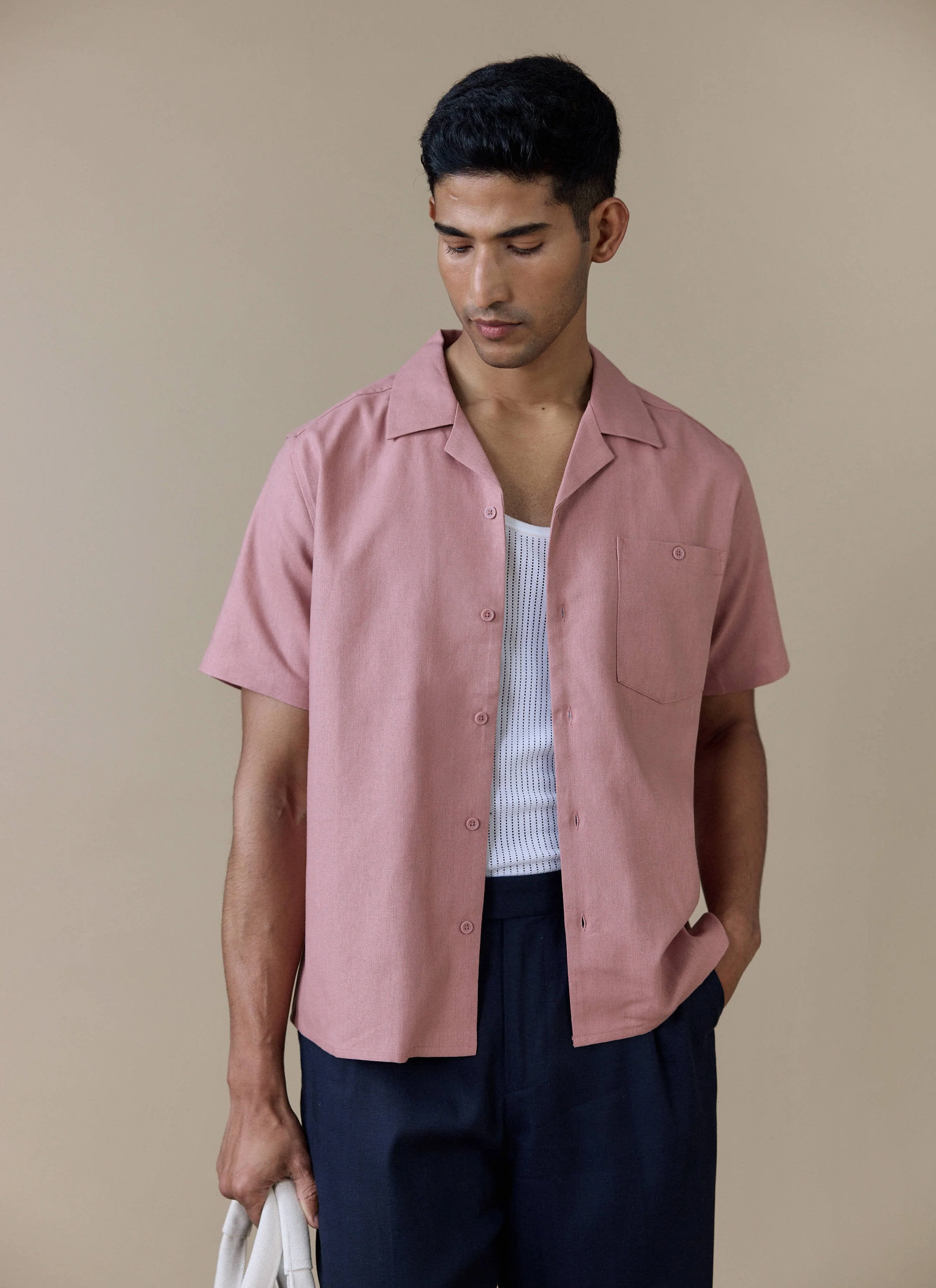 Short Sleeve Cuban Shirt | Linen | Dusty Pink