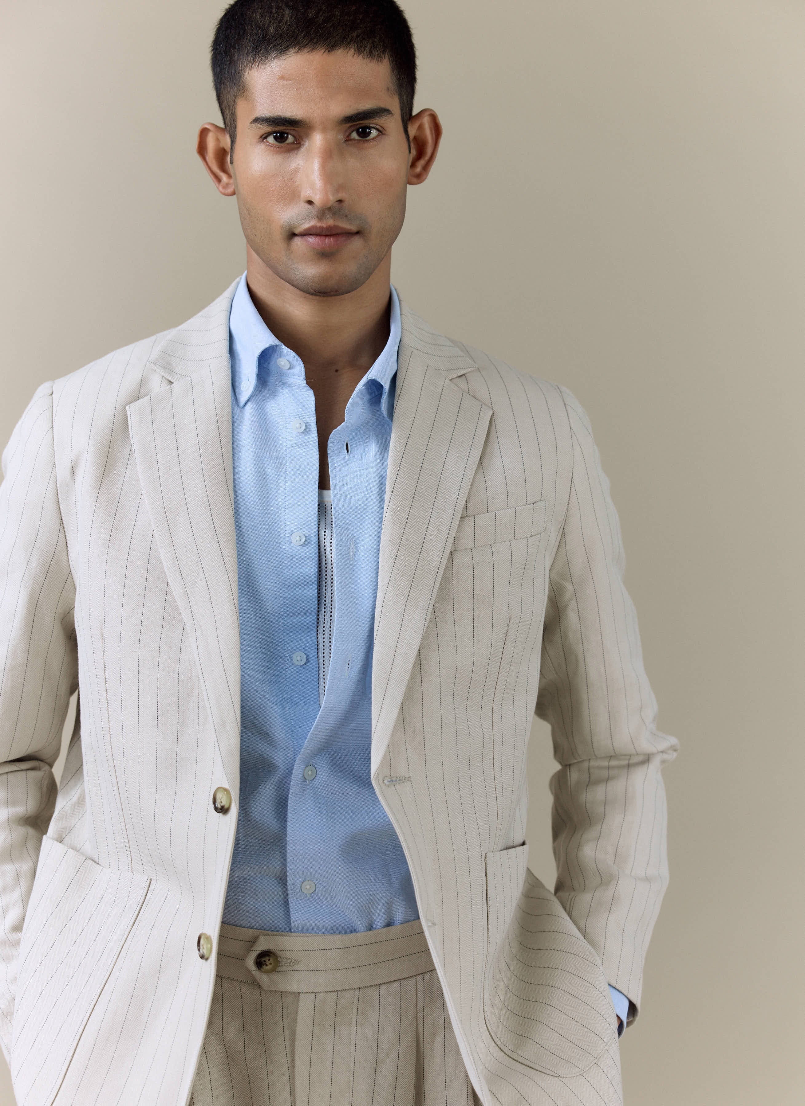 Striped Tailored Blazer | Linen Blend | Cream