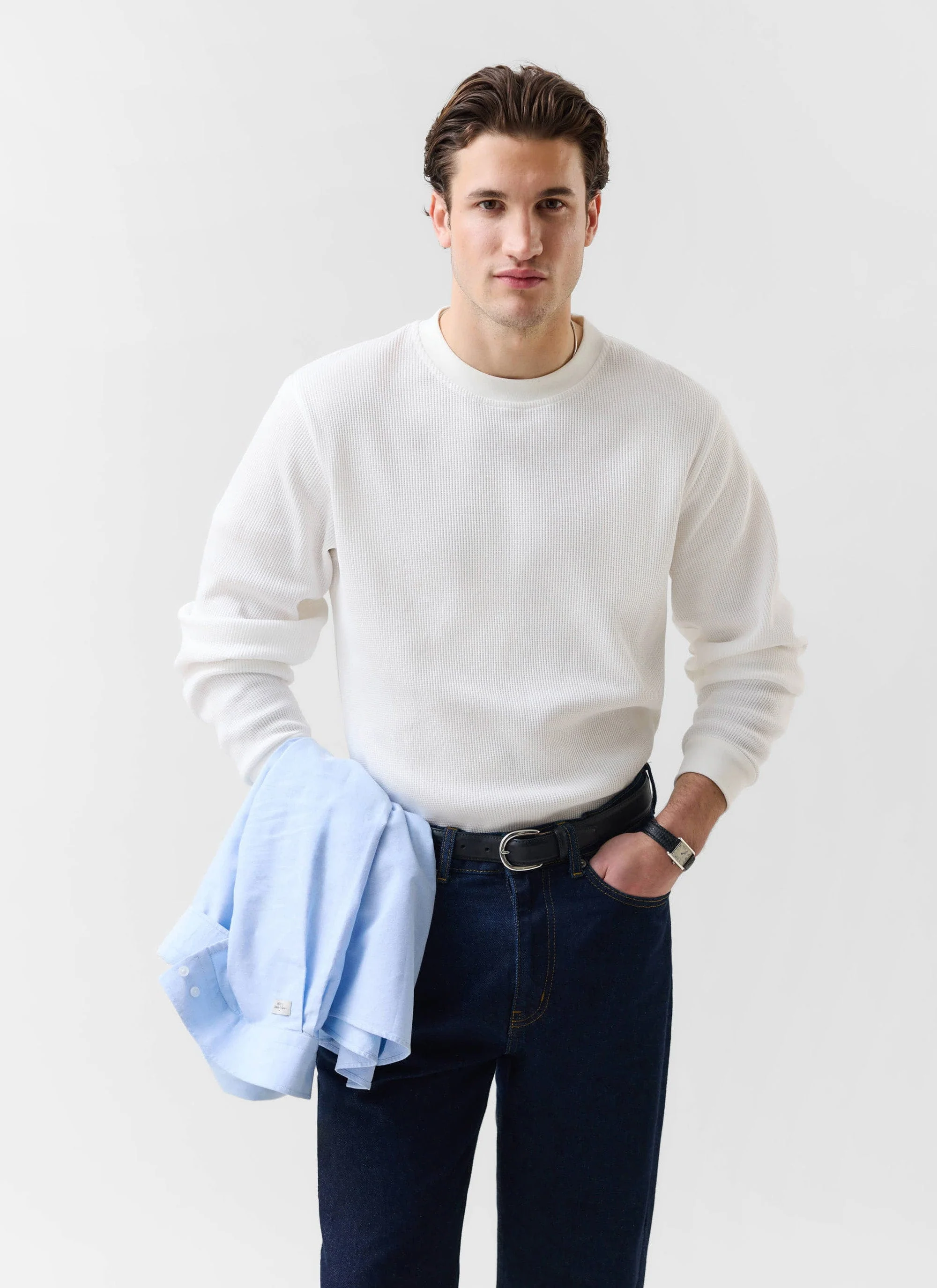 900-waffle-long-sleeve-t-shirt-cotton-white-2.webp Waffle Long Sleeve T Shirt | Cotton | White