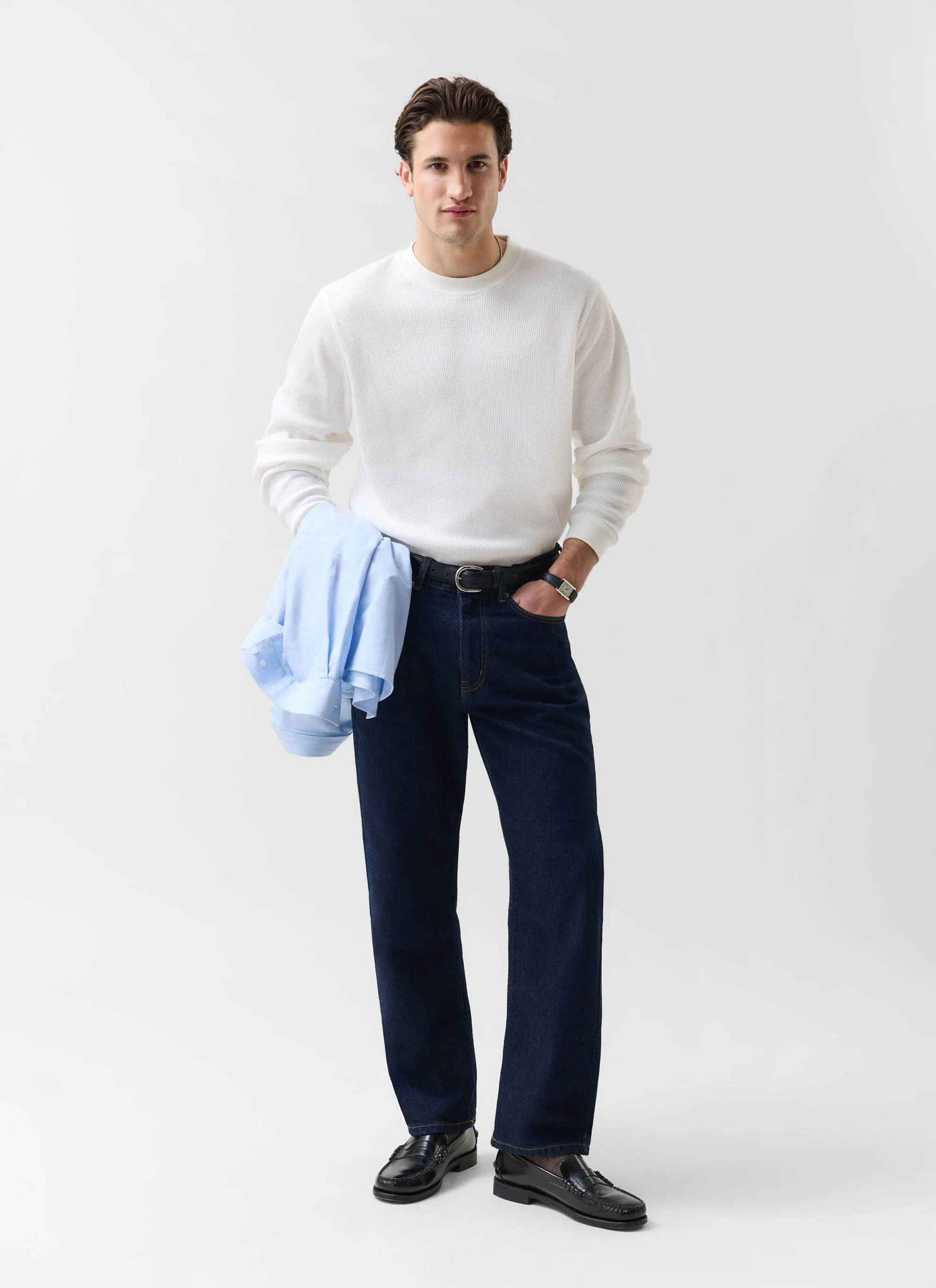 900-waffle-long-sleeve-t-shirt-cotton-white-3.webp Waffle Long Sleeve T Shirt | Cotton | White